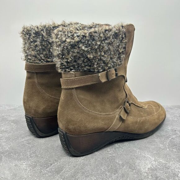 Aquatalia Brown Suede Leather Wedge Bootie Boots Size 11 Shearling Zipper Buckle - Picture 3 of 14